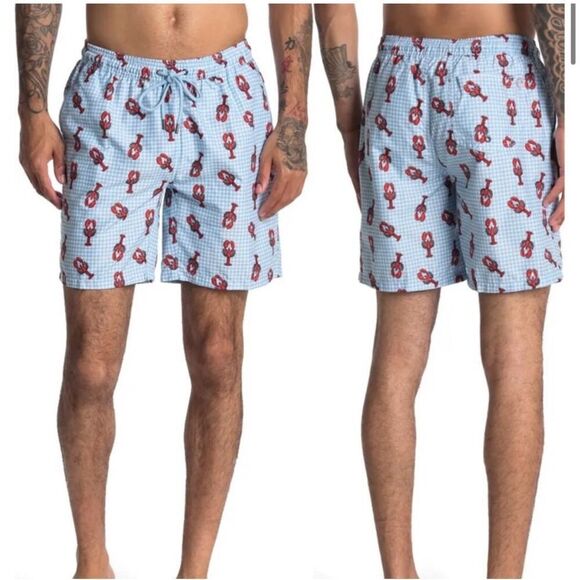 Mr. Swim Mens Large Lobster Print Gingham Swim Trunk Lined Blue vacation beach - Picture 1 of 5